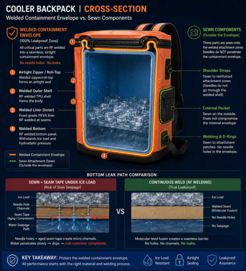 welded containment envelope of a leakproof cooler backpack with stitched exterior features attached outside the barrier welded containment envelope of a leakproof cooler backpack with stitched exterior features attached outside the barrier