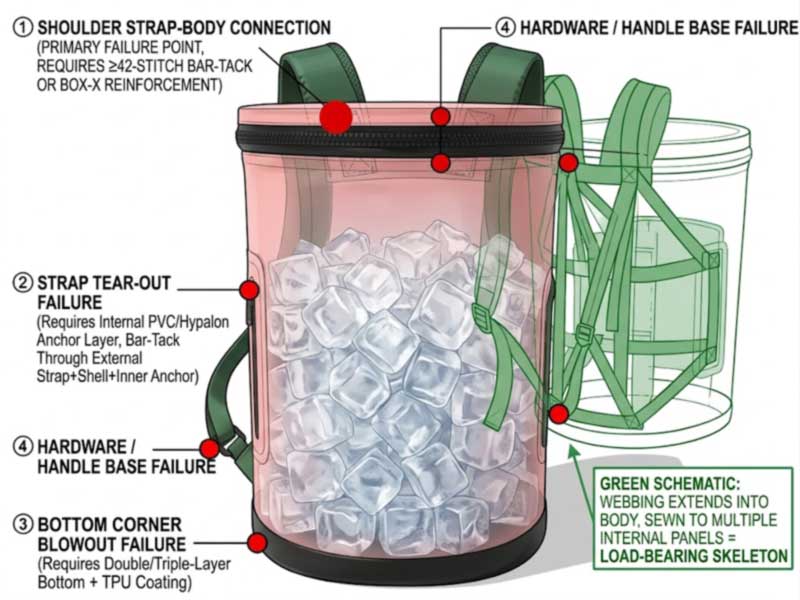 overload failure points on a loaded cooler backpack: strap junction, tear-out, base blowout, with bar-tack and internal anchor reinforcement