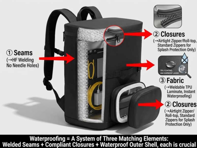three water ingress paths into a cooler backpack — seams, closure, fabric — and how welding, a rated zipper and TPU address each three water ingress paths into a cooler backpack — seams, closure, fabric — and how welding, a rated zipper and TPU address each