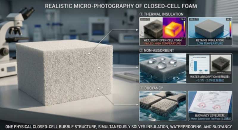closed-cell foam structure delivering insulation, water resistance and buoyancy at once for a waterproof insulated backpack closed-cell foam structure delivering insulation, water resistance and buoyancy at once for a waterproof insulated backpack