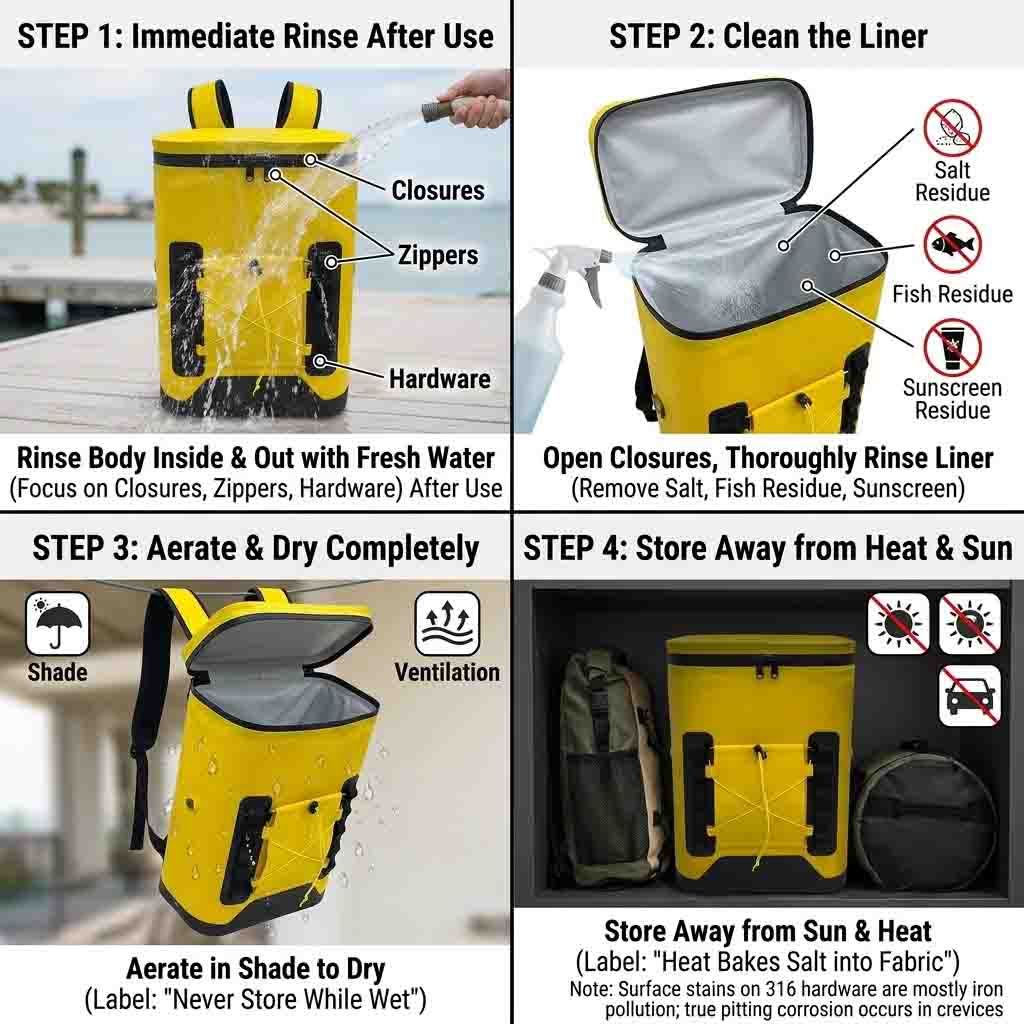 after-boating care routine for a marine cooler backpack: freshwater rinse, liner wash, full dry, cool storage