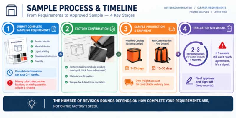 four-stage cooler bag sampling timeline from request to approved golden sample