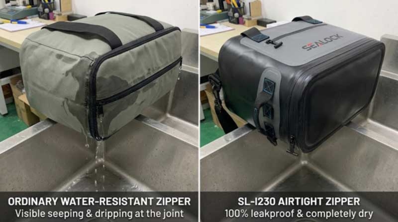 side-on leak check of a soft cooler bag zipper over a sink